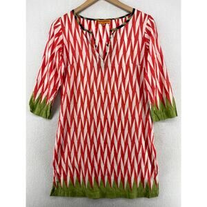 ROBERTA FREYMANN Tunic XS Top Geometric 3/4 Sleeve V-Neck Boho Cotton Red